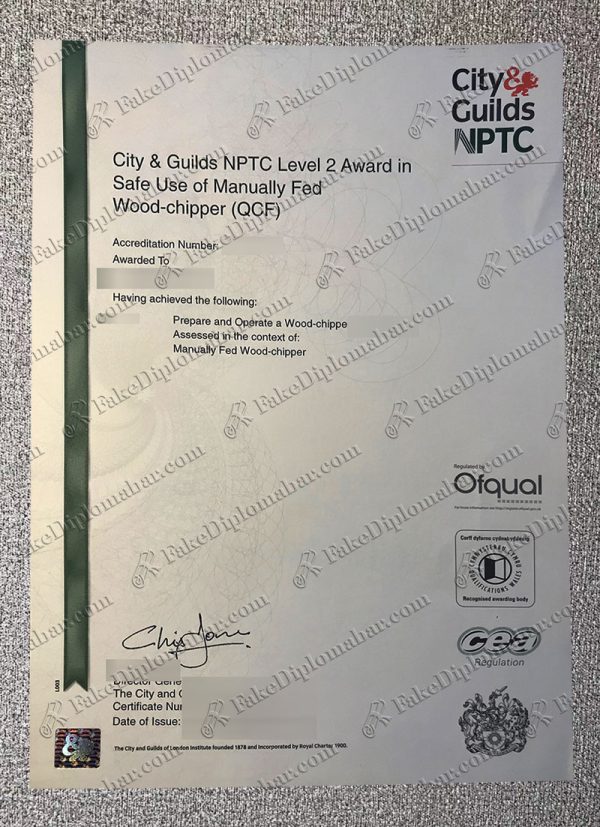 Can I buy fake CITY&Guilds NPTC Level 2 certificate Award in Safe Use of Manually Fed Wood-chipper(QCF）Online