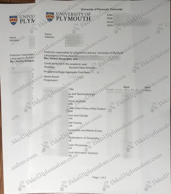 fake University of Plymouth transcript